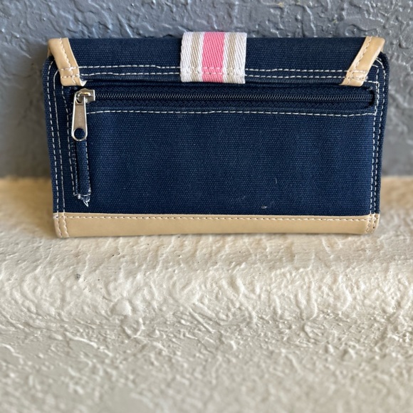 Adorable Navy Vachetta Trim Buckle Wallet Clutch With Pink White Striped Design - Picture 6 of 11